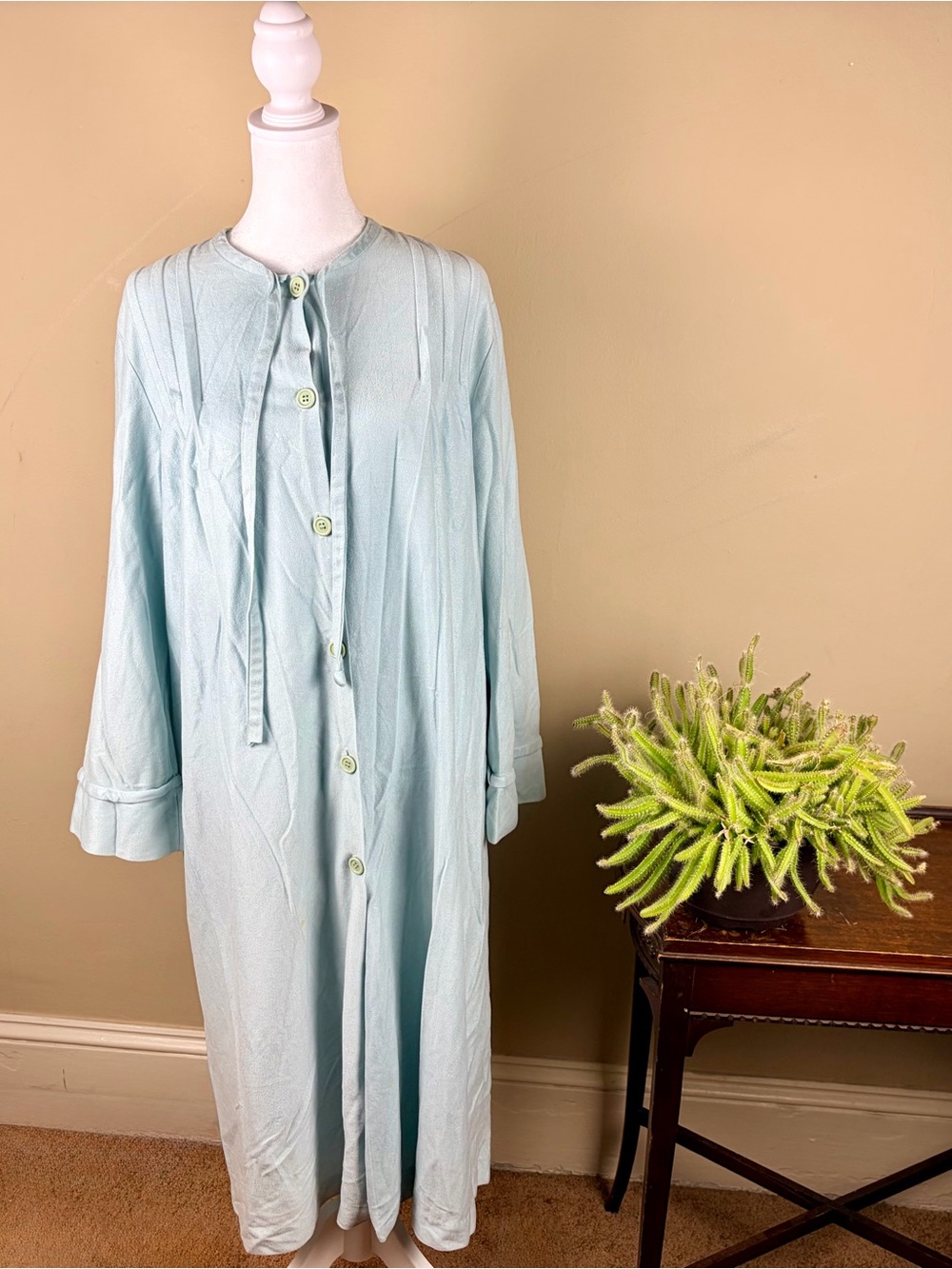 Vintage 70s 80s Saybury Blue Jersey Pintuck House Coat Dress Lounger Robe Size M